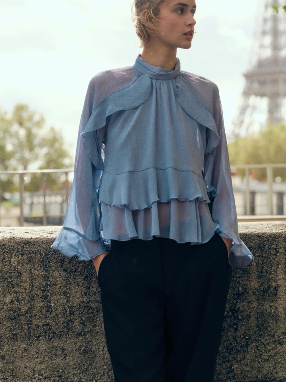 Zara Light Blue Ruffled Sheer Blouse - Women Tops